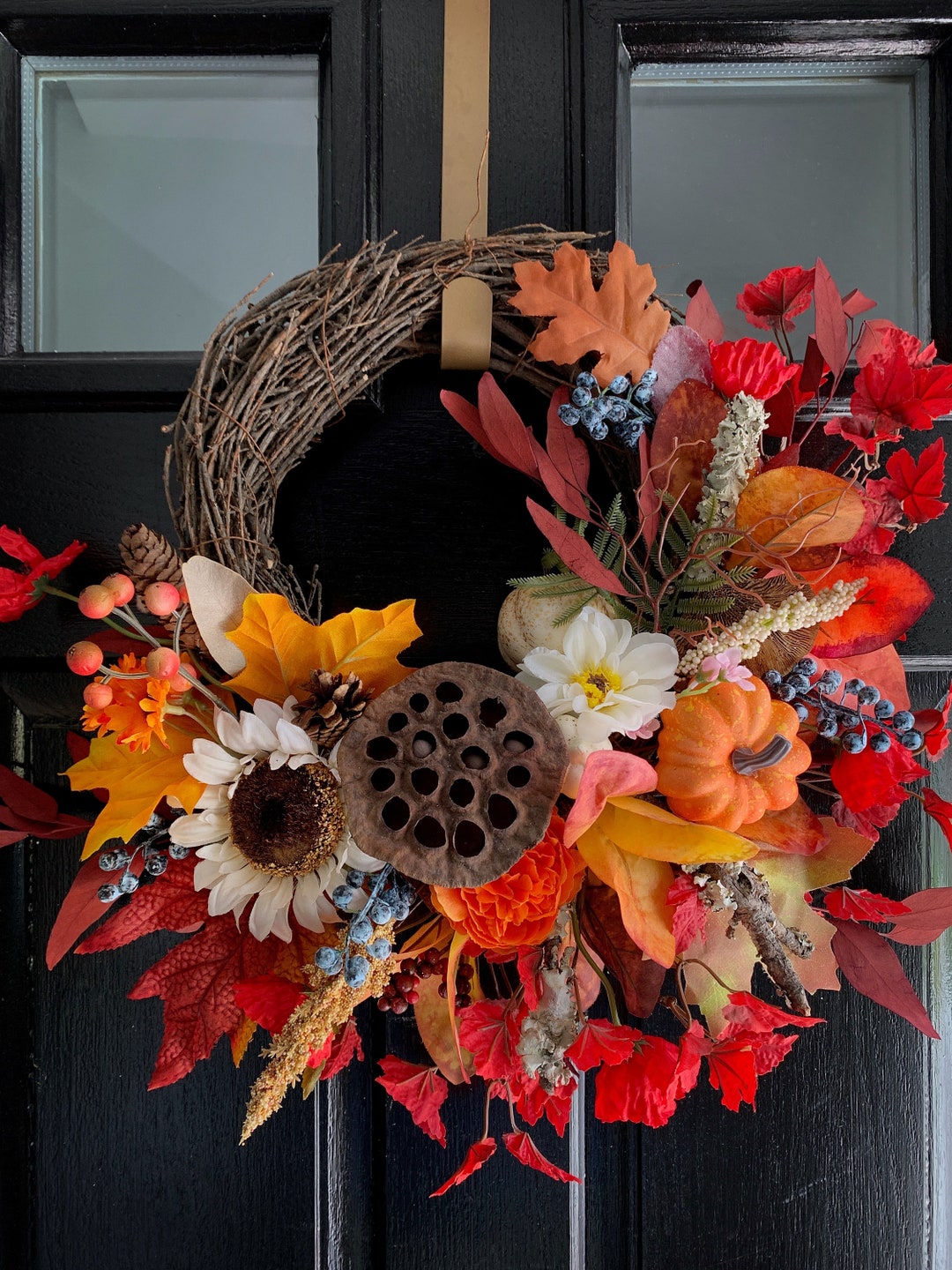 BURGUNDY FALL WREATH 20" for Front Door | Pumpkin Wheat Blueberry ...