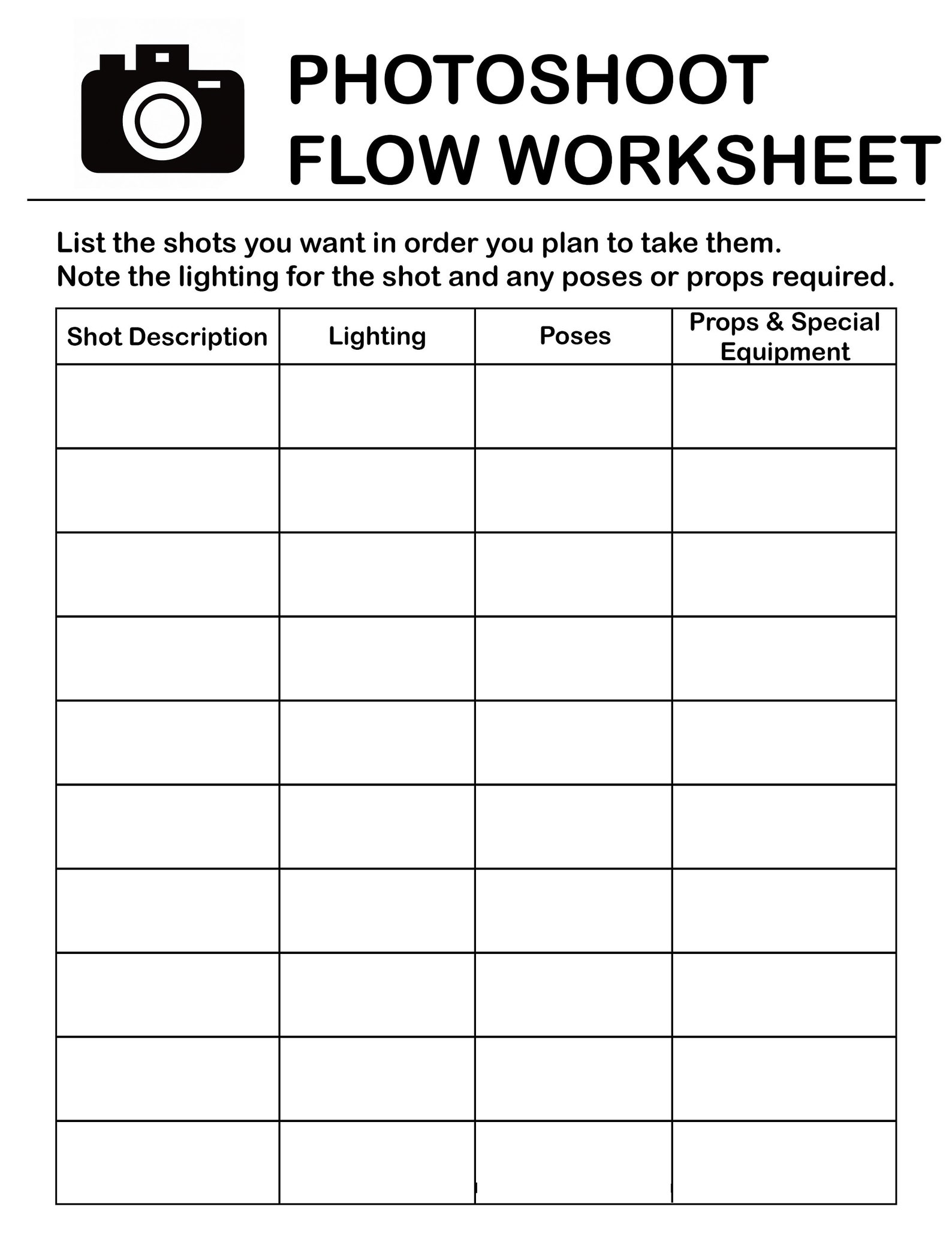 Printable Photoshoot Planner, Photography Worksheet, Photo Session Printable Photoshoot Planner, Photography Worksheet, Photo Session