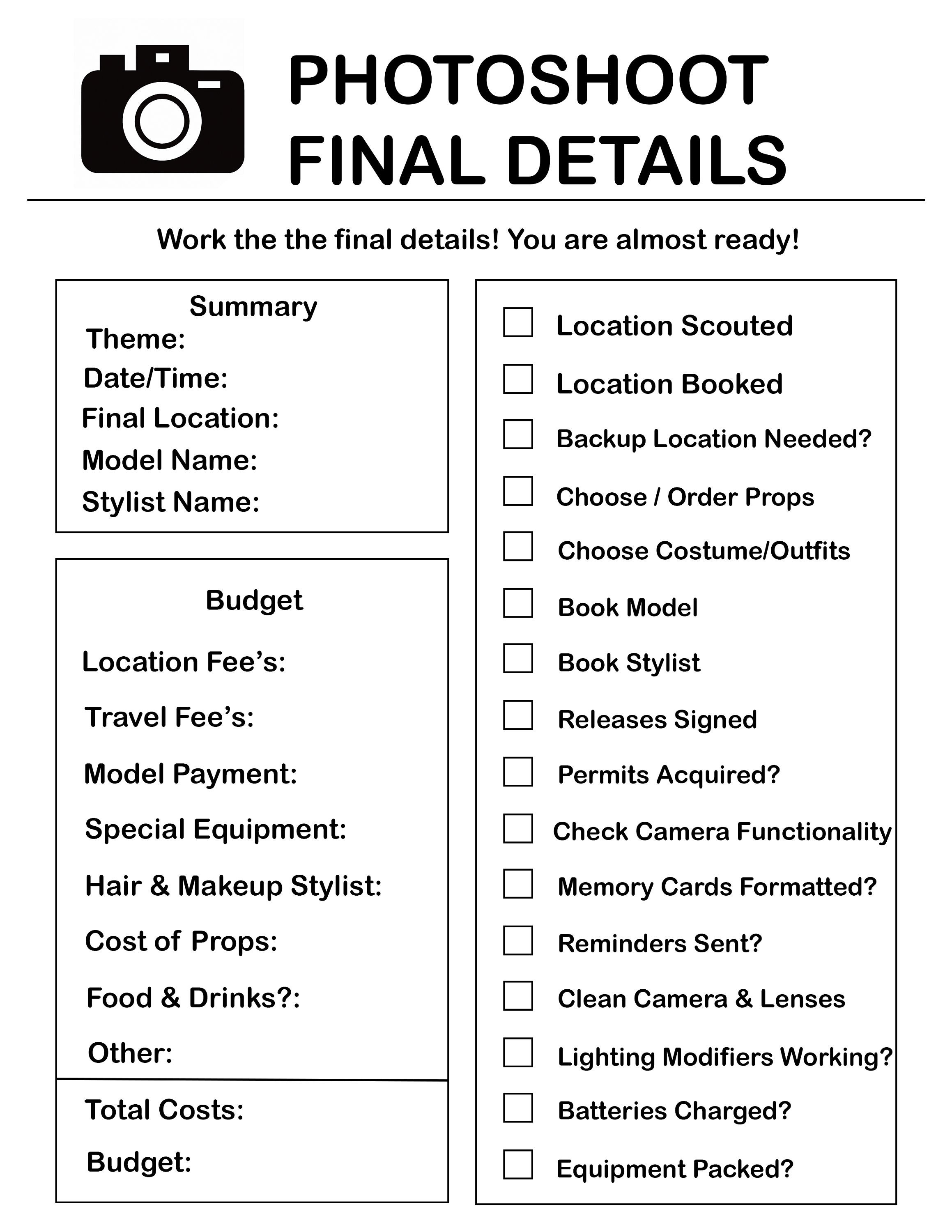 Printable Photoshoot Planner Photography Worksheet Photo Session Printable Photoshoot Planner Photography Worksheet Photo Session