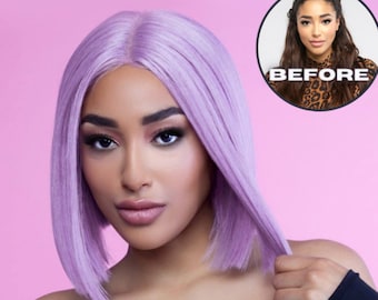 Luxury 12" lilac purple bob blunt cut lace front wig hand-tied natural parting realistic baby hairs Japanese synthetic fibre blend