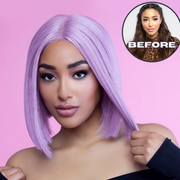 Luxury 12" lilac purple bob blunt cut lace front wig hand-tied natural parting realistic baby hairs Japanese synthetic fibre blend