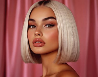 Luxury Platinum Blonde Lace Front Wig – 12” Short, Blunt Cut Bob, Rooted, Hand-Tied, Natural Hairline, Realistic Mixed Synthetic Fiber