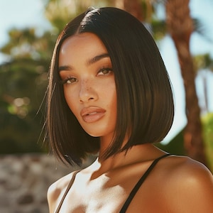 Op de afbeelding: Een vrouw met donkerbruin, kinlang haar, gestyled in een strakke bob. Ze heeft lichtbruine ogen, sproeten en volle lippen. Ze draagt een zwarte top. De achtergrond is vervaagd met groene en gele tinten.