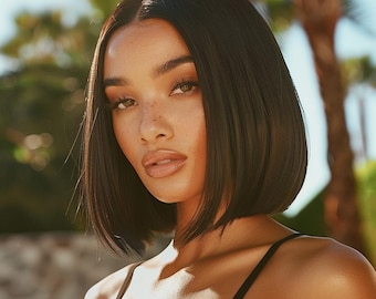 Luxury 12" Dark Brown Lace Front Wig – Blunt Cut Bob, Hand-Tied, Natural Parting, Realistic Hair, High-Quality Synthetic Mixed Fiber Wig