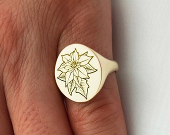 Poinsettia Flower Jewelry, Personalized Signet Ring, Christmas Gifts for Women, Personalized Birth Flower Ring, Best Friend Birthday Gifts