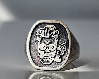 Personalized Hipster Ring, Hipster Skull Smoke Pipe, Sunglasses Cool Mustache Skeleton Face, Vintage Inspired Ring, Urban Modern Hair