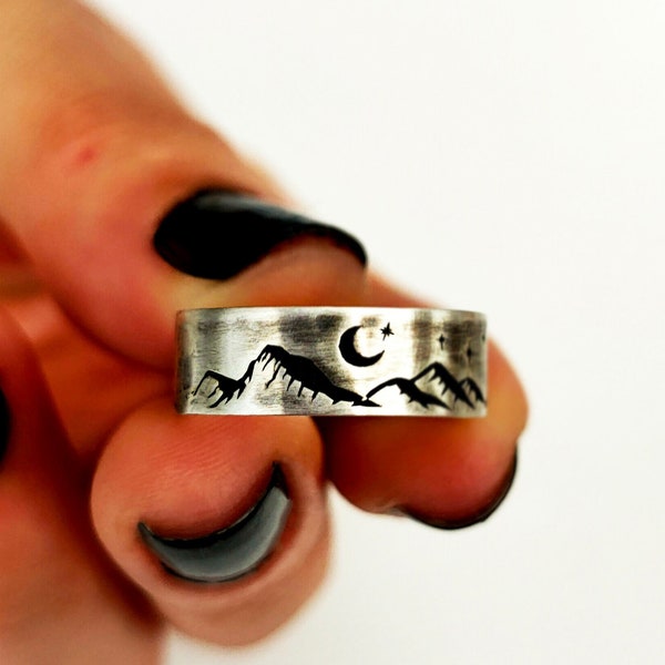 Mountain Silver Band Ring, Star and Crescent Ring, Mountain and Moon Ring, Mountain and Stars Ring, Mountain Ring, Landscape Ring, Moon Ring