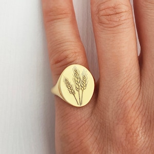 Wheat Ring, Wheat Leaves Ring, Custom Signet, Wheat Signet Ring, Flower Ring, Signet Ring, Engraved Ring, Personalized Ring, Rings For Women
