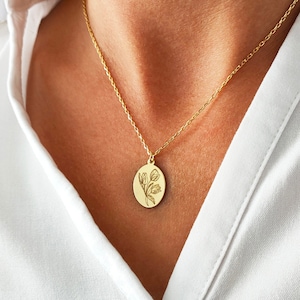 Tulip Necklace, Personalized Birthflower Necklace, Signet Necklace, Tulip Flower Pendant Necklace, 14K Solid Gold Necklace,Floral Necklace