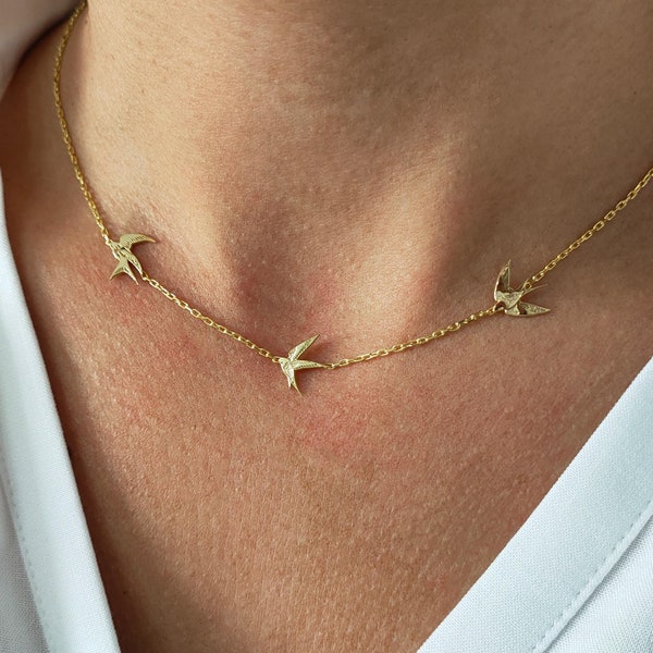 Sterling Silver Swallow Necklace: Three Bird Harmony, Delicate Charm