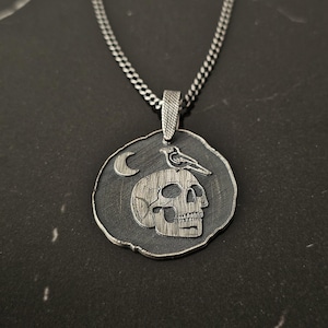 Mystical Skull and Crow Necklace, Dark Gothic Necklace with Skull, Memento Mori Necklace, Oxidized Skull Necklace with Crow & Crescent Moon