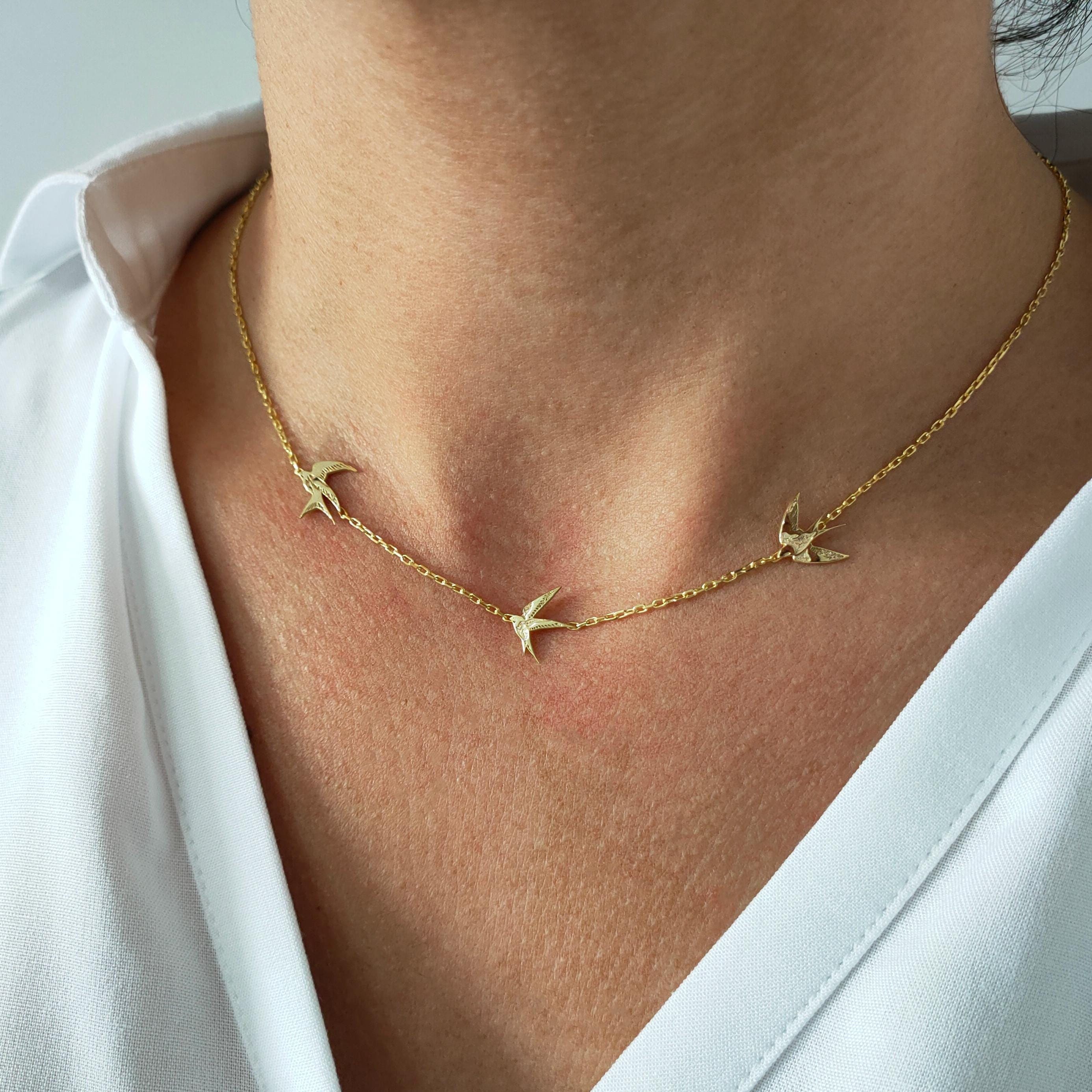 Elegant Swallow Necklace with Three Different Birds in Harmony, Flying Bird Necklace, Swallow Birds, Silver Three Swallows Necklace, Freedom