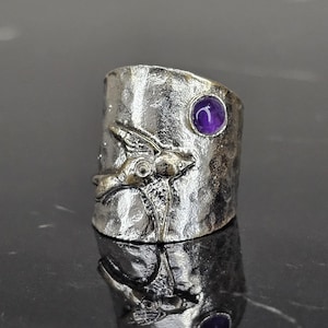 Vintage-Inspired Adjustable Silver Band with Natural Birthstones and Swallows,Unique Bird Ring with Authentic Birthstones in Antiqued Silver