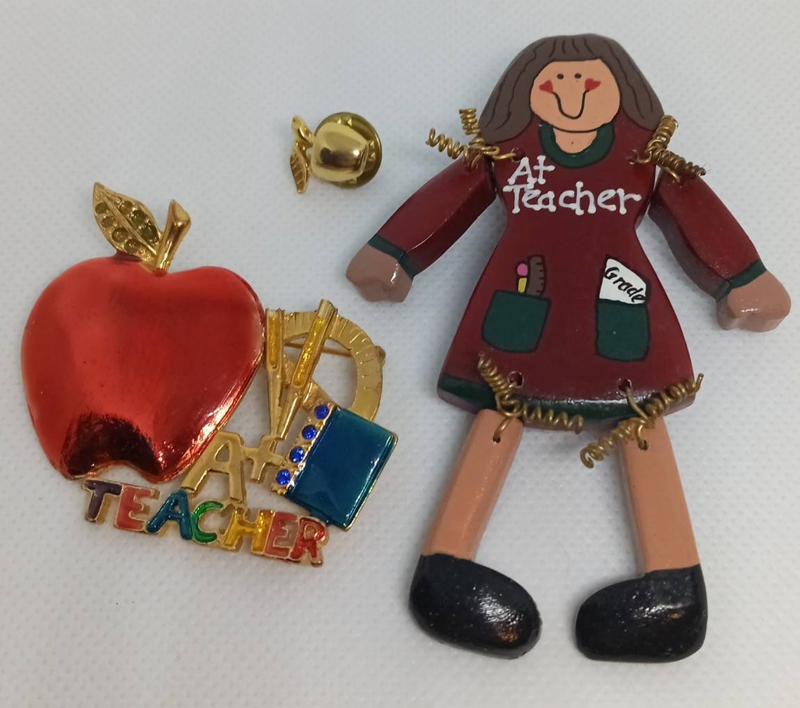 Lot of 3 Teacher's Pins Brooches A Teacher Wooden Girl A Etsy UK