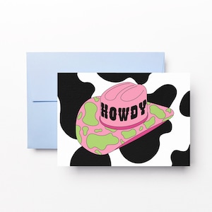 Tarjeta de felicitación Howdy / Patrón de vaca Sombrero de vaquera / Cumpleaños / Buena suerte / Mejórate pronto / Solo porque / Aniversario / Diseños de Dochas divertidas rosas
