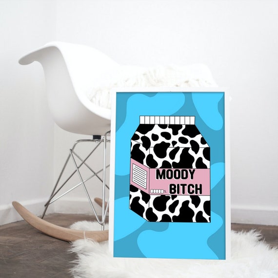 Moody Bitch Milk Carton Print | Cow Pattern | Gift | Home Decor | Irish Wall Art | Present | Best Friends | Illustration | Dochas Designs
