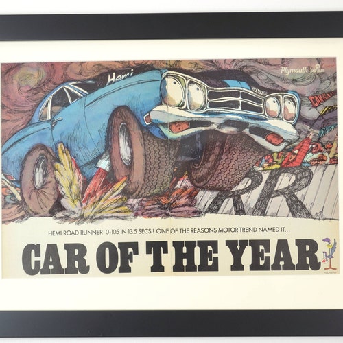 Plymouth Hemi Roadrunner classic car print, framed wall art, Hot rod magazine ad, man cave decor, garage shops shop decor, car guy gift