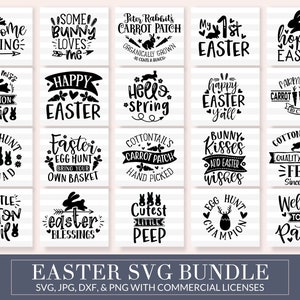 May include: A set of 20 Easter SVG designs featuring bunny, egg, and carrot themed graphics with text such as "Welcome Spring", "Happy Easter", "Egg Hunt Squad", "Cottontail's Carrot Patch", and "Bunny Kisses".