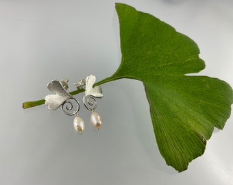 Handcrafted Stud Earrings Silver Beads Ginkgo biloba Moving Vibrant Gift for Her