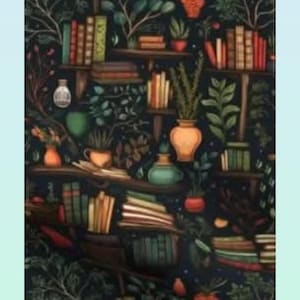 May include: A dark background with a repeating pattern of books, plants, and vases. The books are stacked on shelves and the plants are in pots. The vases are filled with flowers. The colors are mostly dark green, brown, and red.