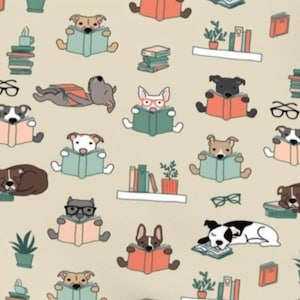 May include: A repeating pattern featuring cartoon dogs reading books in various poses. The dogs are depicted in different colors and breeds, with some wearing glasses. Books are in shades of orange, green, and pink, set against a beige background. The theme is a whimsical celebration of reading.