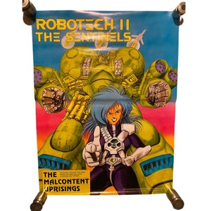 May include: A vintage poster for Robotech II: The Sentinels, featuring a green robot with a female character in the foreground. The text on the poster reads "Robotech II The Sentinels" and "The Malcontent Uprisings".
