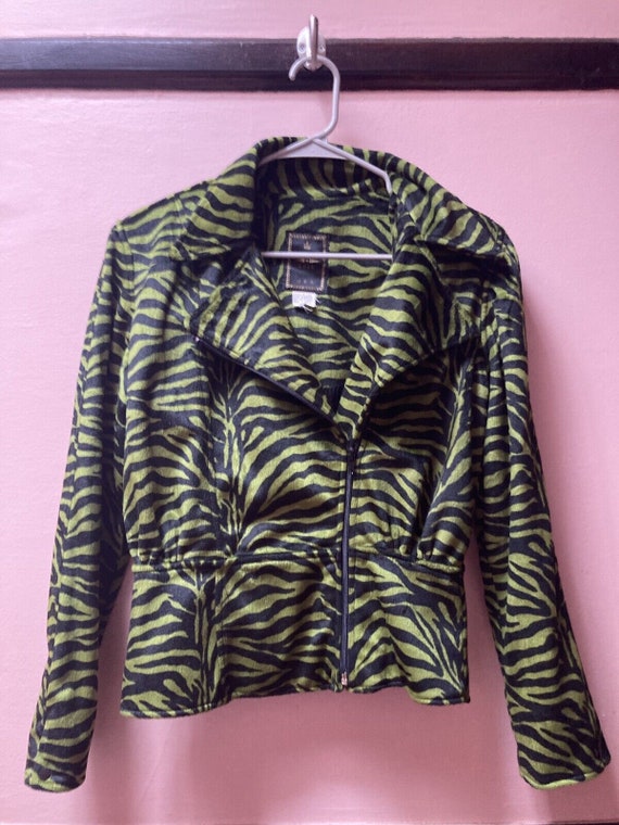 Vintage Green Fuzzy Zebra Moto Jacket - image 8