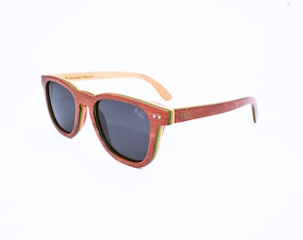 Sustainable Skateboard Wood Wooden Sunglasses Wayfarer Shape with Polarised UV400 Lenses & Bamboo Case