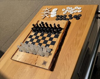 Checkers/Chess & Tic-Tac-Toe 3-in-1 Wooden Game Board — Rustic Natural Pine Wood with a resin finish