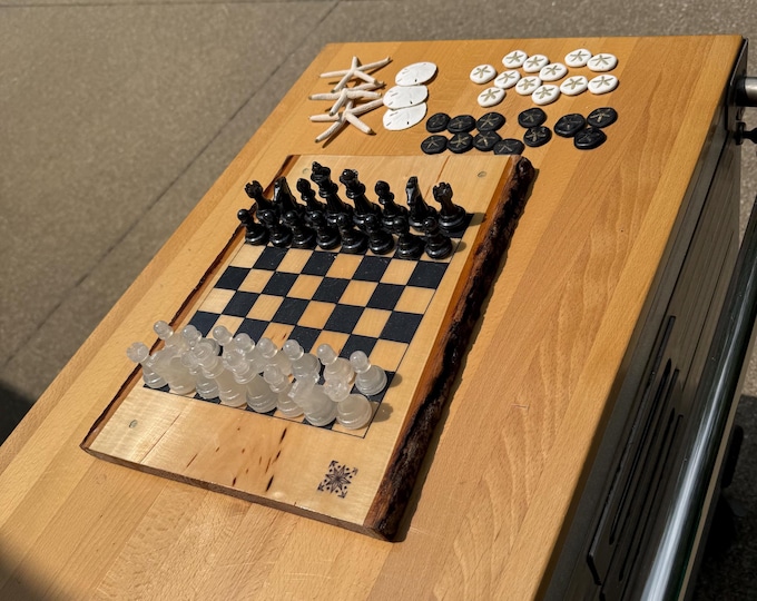 Checkers/Chess & Tic-Tac-Toe 3-in-1 Wooden Game Board — Rustic Natural Pine Wood with a resin finish