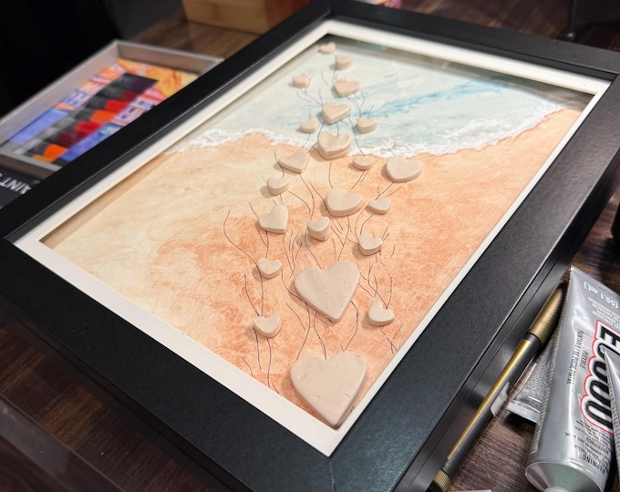 Sea of Hearts — Mixed-Media Beach Wall Art with Polymer Clay Heart Accents (Framed)