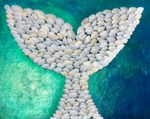 Scalloped Seashells in Whales Tail or Mermaids Tail on shimmering dark green paint. A stunning 18x20 canvas coastal decor wall art.