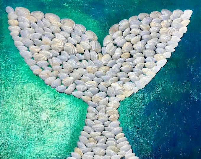 Scalloped Seashells in Whales Tail or Mermaids Tail on shimmering dark green paint. A stunning 18x20 canvas coastal decor wall art.