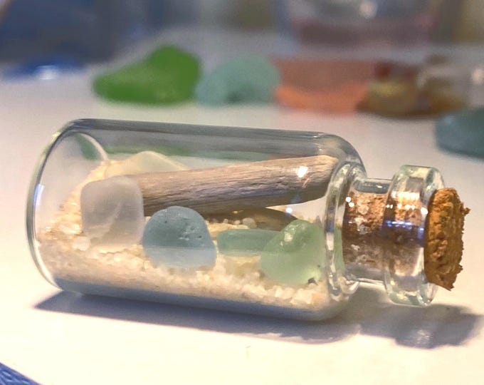 Mini cork and glass bottle filled with sea glass mermaid tears