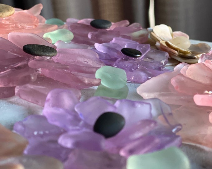 Sea Glass Flowers Springtime Blooms - on whitewash wood wall panel. Perfect fresh floral decor!