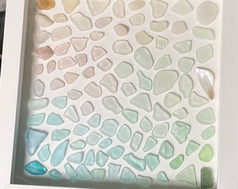 Sea glass rainbow ombré wall art or desktop decor in white shadow box