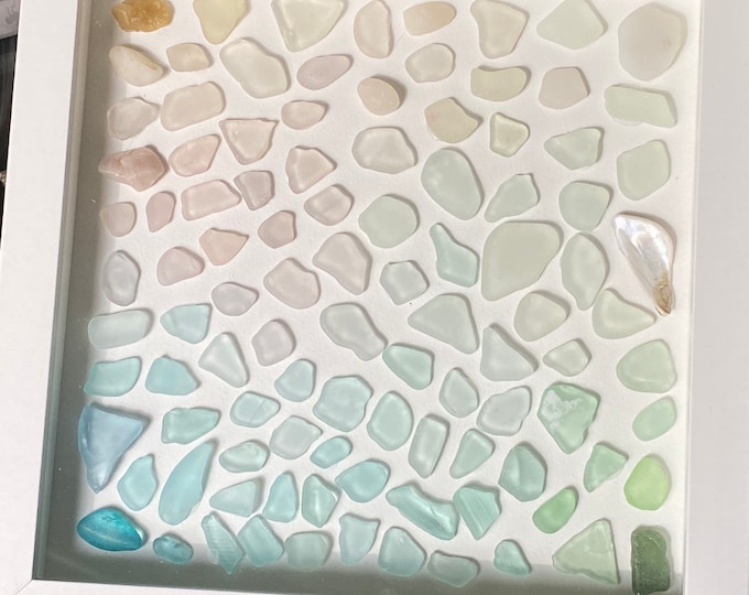 Sea glass rainbow ombré wall art or desktop decor in white shadow box