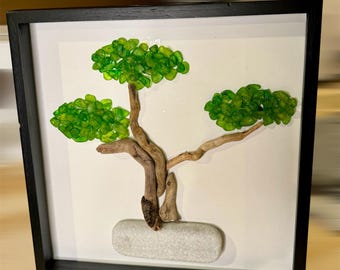 Ocean-Inspired Beauty Beach Glass & Driftwood Bonsai Tree Sculpture
