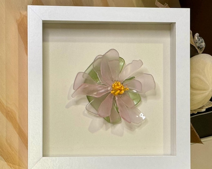Recycled Glass Lotus Flower Art | Alcohol Ink Sculpture, Framed Wall Decor