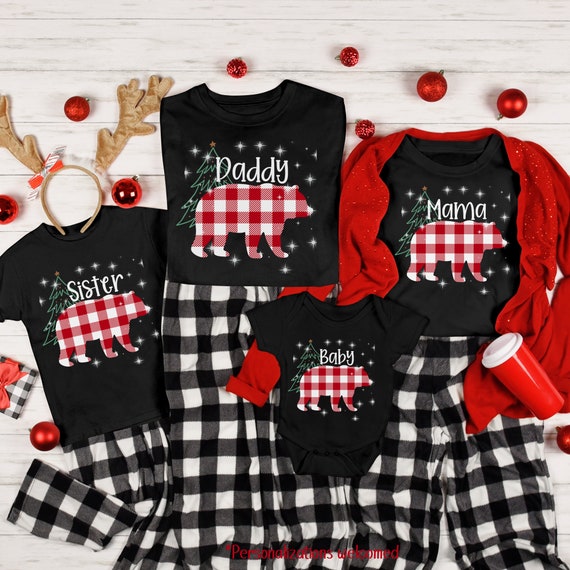 Personalized Plaid Polar Bear Shirt for Christmas Family Pajama T Shirts for Pictures Mama Bear Christmas Pregnancy Reveal Shirt Etsy