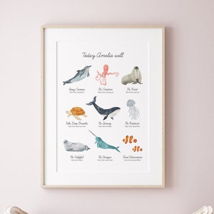Art mural personnalisé nom de chambre d'enfant, affiche pour enfants affirmations positives avec animaux marins, chambre d'enfant sur le thème de l'océan, art de la salle de bain pour enfants