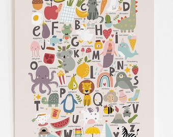 Whimsical Alphabet Poster, Educational Prints for Nursery with Neutral Tones, Light Beige Background