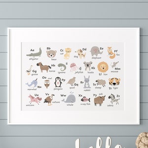 Affiche alphabet animal pastel, paysage, oeuvre d'art murale horizontale pour chambre d'enfant, impression ABC salle de jeux, affiche éducative, chambre d'enfant bohème, neutre