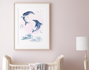 Dolphin Wall Art, Dolphin Print Nursery, Ocean Nursery, Under the Sea Wall Decor, Sea Marine Life, Playroom Wall Art, Digital Download