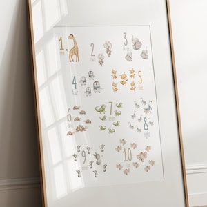 Poster chiffres avec de mignons animaux aquarelles, art mural éducatif Montessori pour enfants