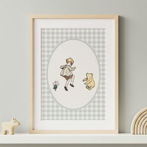 Winnie-the-Pooh Sage Green Print for Nursery, Vintage Style Gingham Border, Customizable Color Match, Unframed
