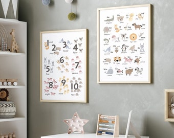 Boho Animals ABC & 123 Nursery Prints: Playroom Wall Art Set