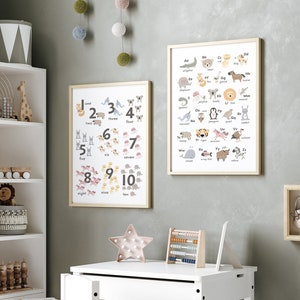 Ensemble de 2 affiches alphabet bohème, ensemble de gravures pour chambre d'enfant, lot d'art mural animaux mignons, impression salle de jeux ABC, oeuvre d'art pour chambre de bébé garçons et filles