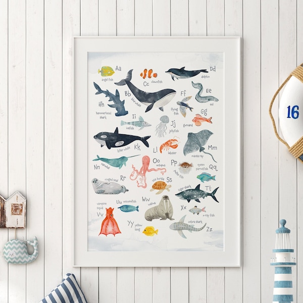 Sea Animals Alphabet Poster: Watercolor Ocean ABC Nursery Print
