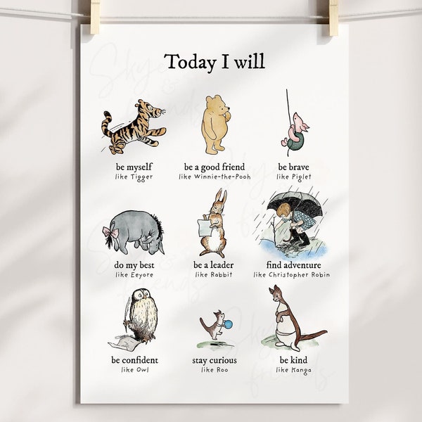 Winnie-the-Pooh Nursery Wall Art, Positive Affirmations Classic Pooh and Friends, Unframed Print